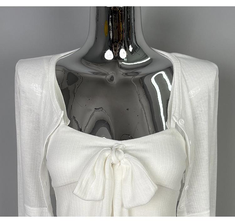 Ensemble deux pièces pour femme Dongdaemun Coréen - Haut à bretelles nœud & Cardigan - Amincissant, Sexy, Désir Pur