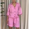 Women's 2 Piece Casual Outfit Short Sleeve Turn Down Collar Button Down Shirt and Shorts Set with Pockets