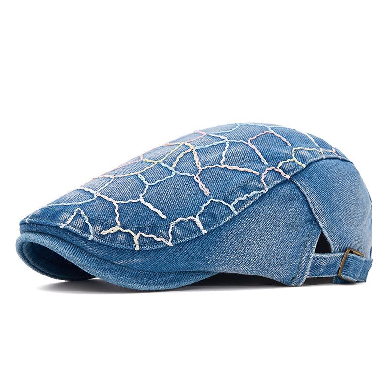 Spring Summer Newsboy Hat Women Sequins Embroidered Flower Beret Denim Retro Progressive Hat
