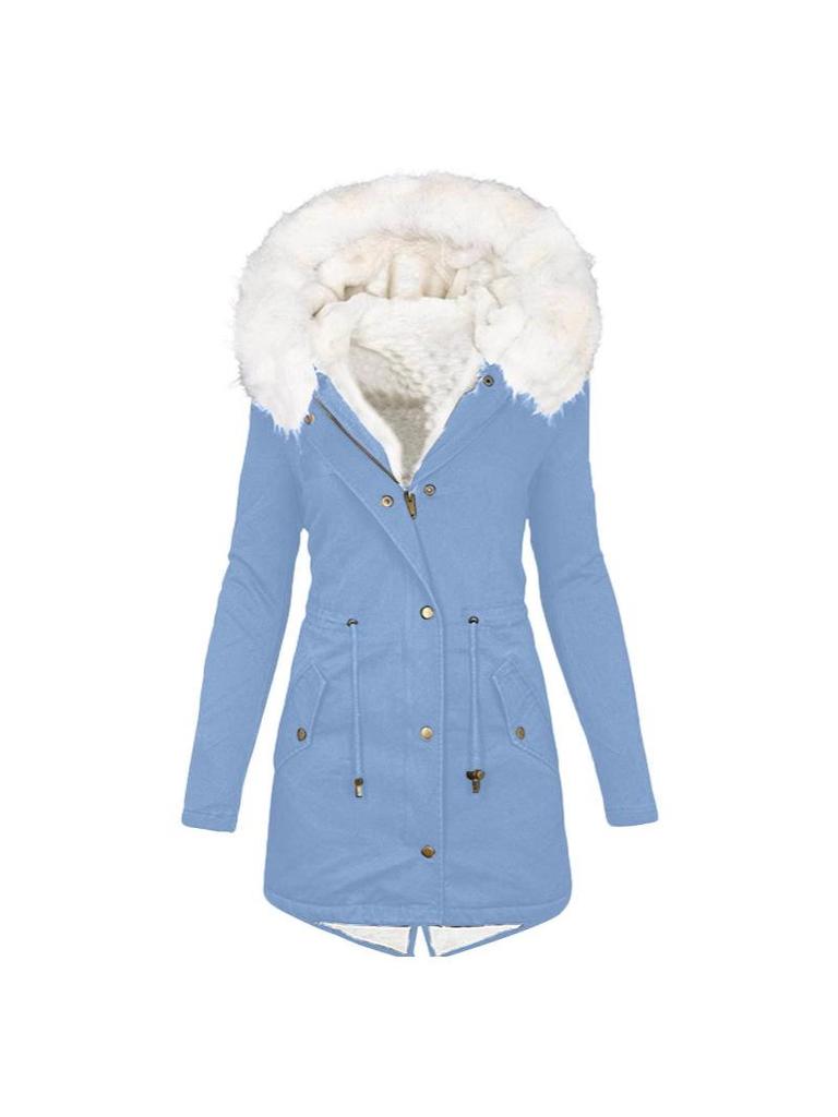 Women's Hooded Mid-Length Coat with Fur Collar and Waist Cinching - Plus Size, Thick, Cotton Padded for Autumn and Winter.