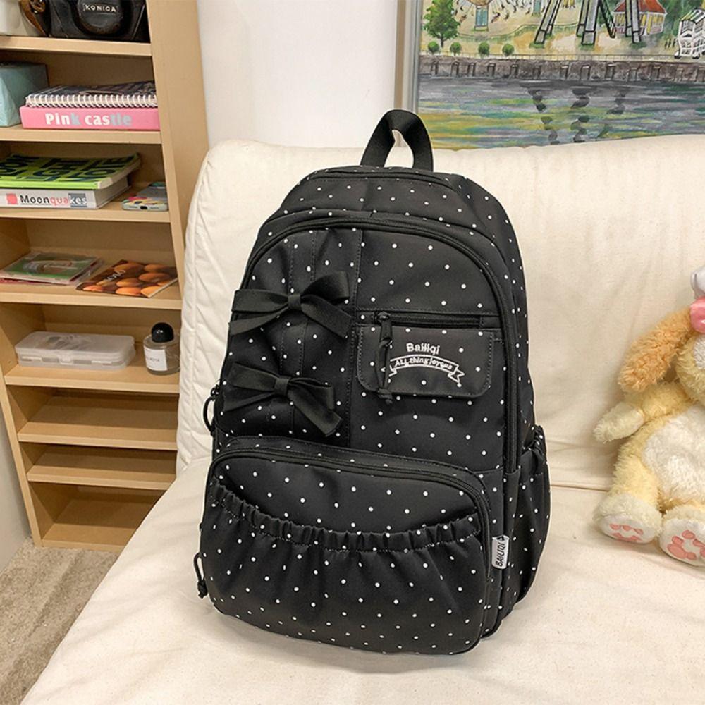 New Polka Dot Bow Girls Backpack Large-capacity Anti-theft Student Schoolbag Nylon Multi-compartment Travel Computer Backpack