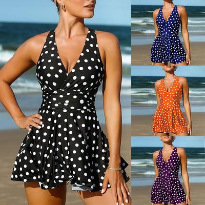 (Quinide) Conjunto de falda larga de traje de baño de playa con estampado de lunares de moda dividida para mujer (2 juegos con almohadilla para el pecho sin sujetador de acero)
