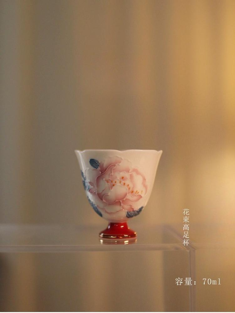 Pure handmade flower mouth master cup hand-painted stacking peony tea cup high-grade gold-painted tea cup Kung Fu tea