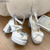 Beige Lolita Shoes Platform Chunky Heels Kawaii Sweet High Heel Pumps Round Toe Lace Bowknots Mary Jane Shoes Zapatos De Mujer