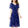 New casual style temperament short-sleeved floral V-neck dress women's summer large size mother dress over the knee A word medium and long dress