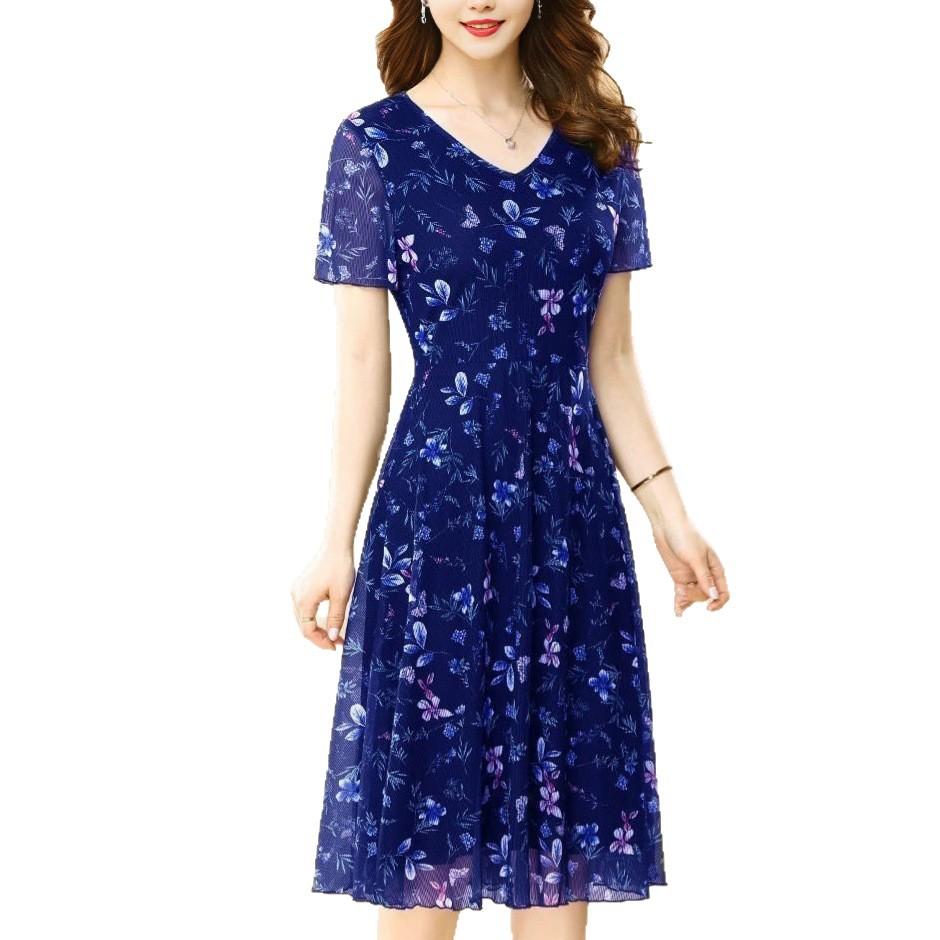 New casual style temperament short-sleeved floral V-neck dress women's summer large size mother dress over the knee A word medium and long dress