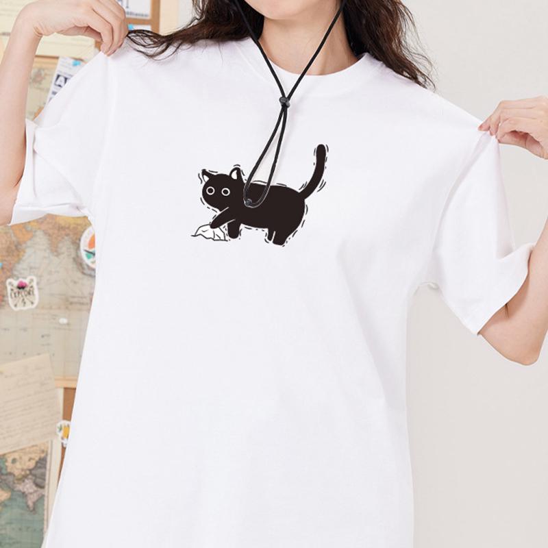 Boho Minimalist Floral Cat T-Shirt Cute Line Art Cat Daisy Flowers Print Tee Spring Summer Outfits Soft