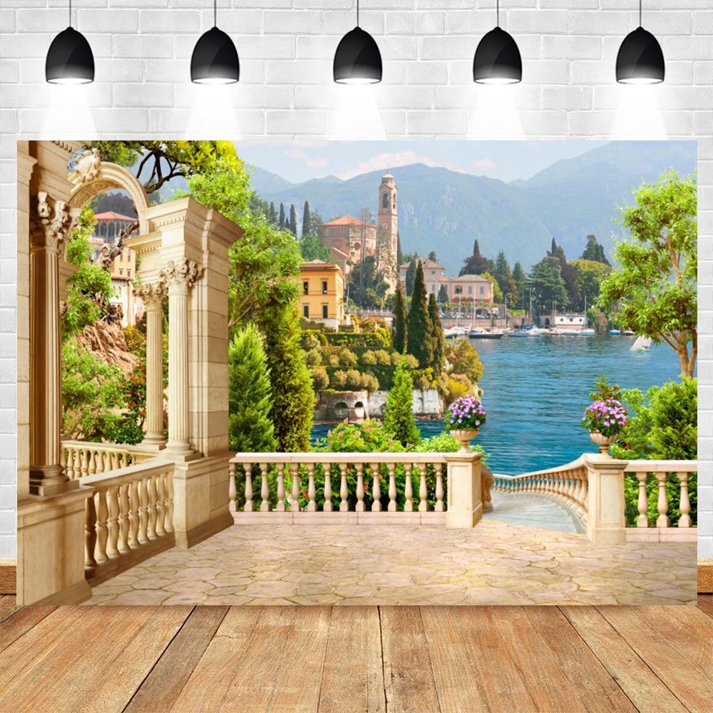 Summer Seaside Tropical Beach Balcony View Backdrop Palm Trees Mountain Wedding Party Portrait Photography Background Photo Prop