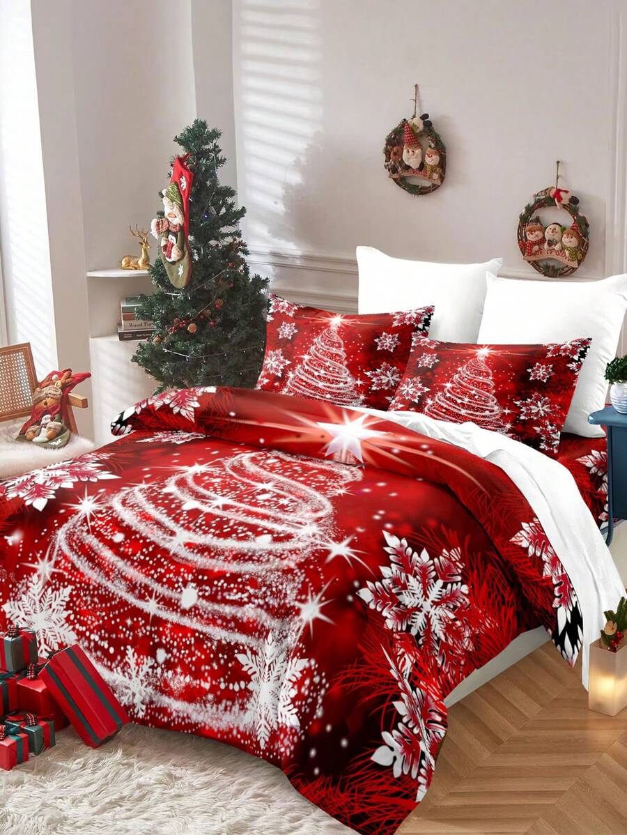

Набор пододеяльников с рождественской тематикой 3 шт. Красный с принтом рождественской елки Постельное белье Мягкий удобный пододеяльник для спальни, гостевой комнаты EU Twin(135x200cm)