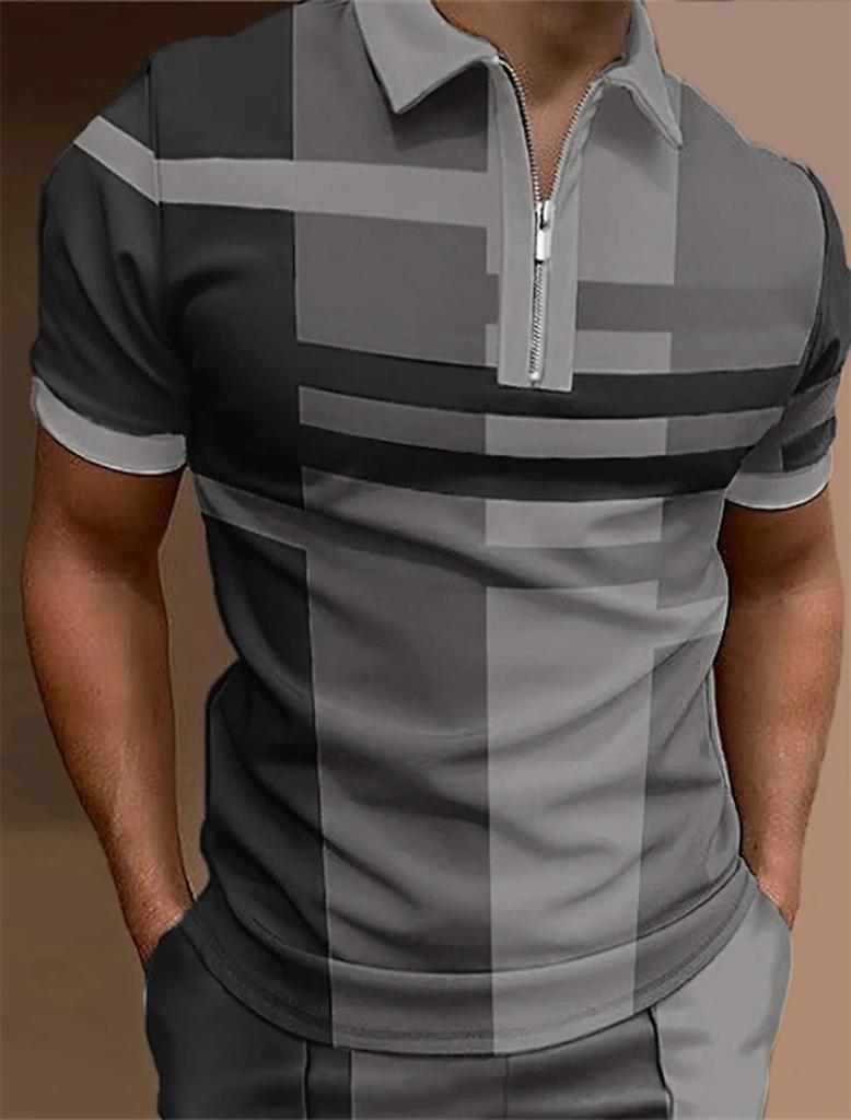 Men's Zipper Polo, Collar Polo Shirt, Golf Shirt, Graphic Print, Geometry, Linear Opening, Short Sleeve, Zipper Clothing Top