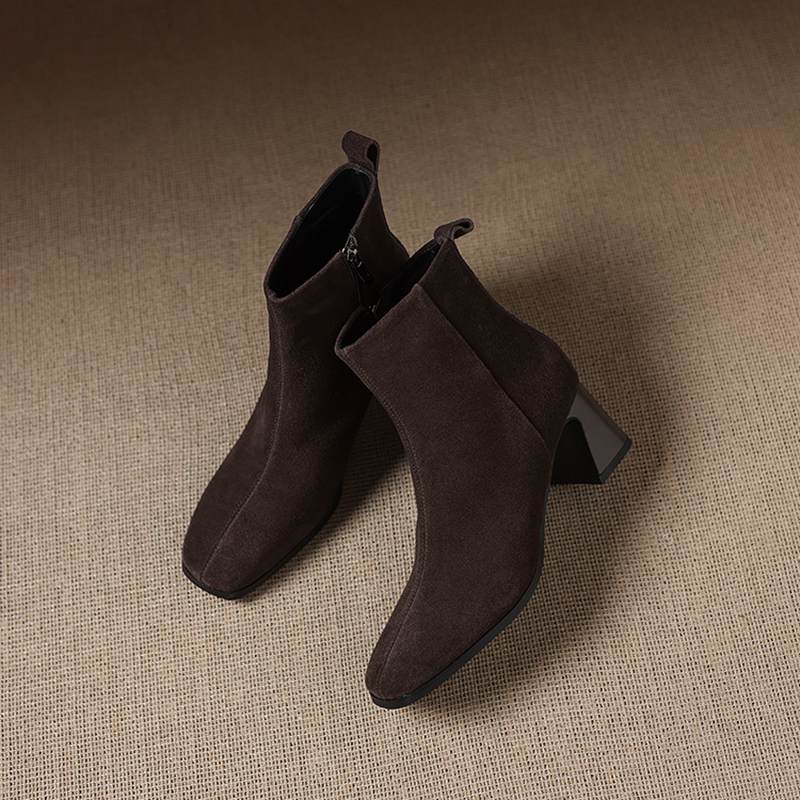 Krazing Pot Cow Suede Nubuck Winter Square Toe Modern Boots Thick High Heels Zipper Women Ankle Boots
