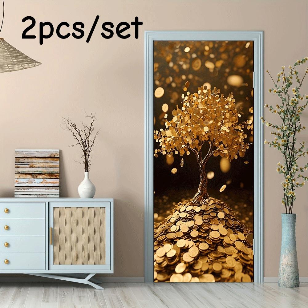 2pcs golden wealth tree wall stickers, symbolizing wealth and prosperity, suitable for decorating various scenes such as living (as the picture,38.5x200cmx2)