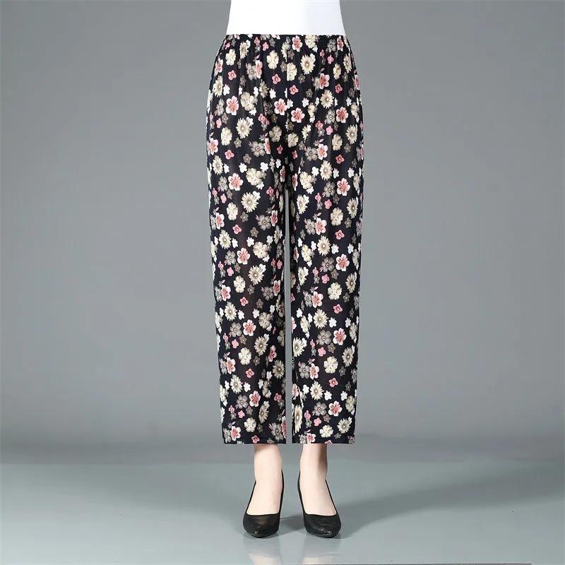 WTEMPO Summer Mom Elastic High Waist Casual Stretchy Cropped Pants Women Large Size Loose Printed Thin Trousers
