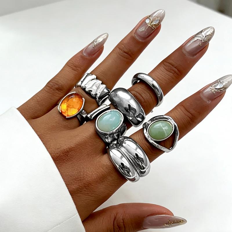 Trendy Stackable Gemstone Ring Set - Adjustable Retro Metal Open Rings for Women