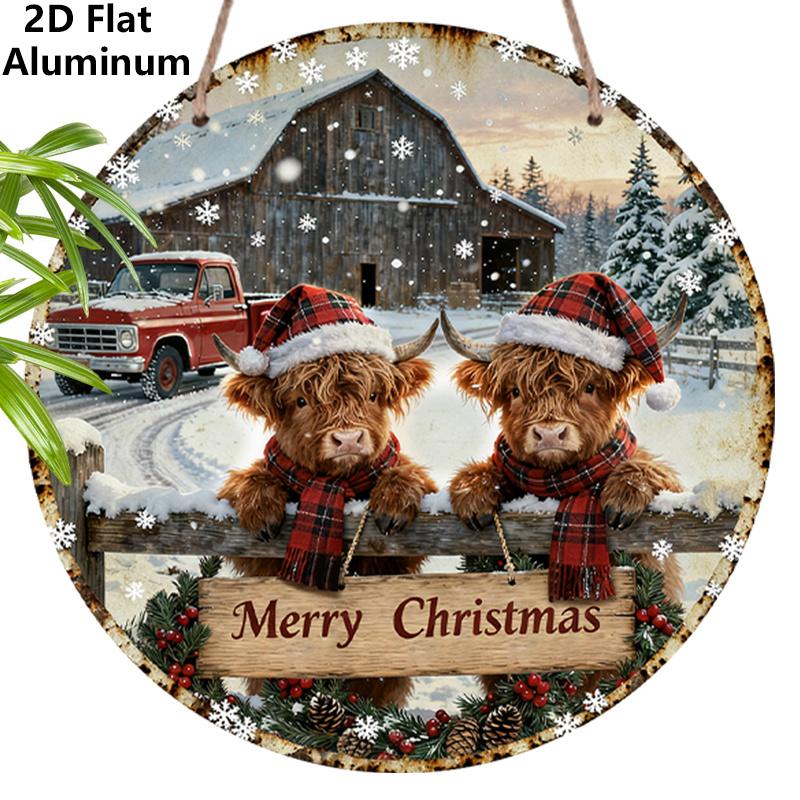 

2D Flat Merry Christmas Aluminium Sign with Highland Cow Pattern - Navidad Figurine Ornaments - Ideal for Front Door, Wall, Porch, Fence Decor 7.87×7.87inch
