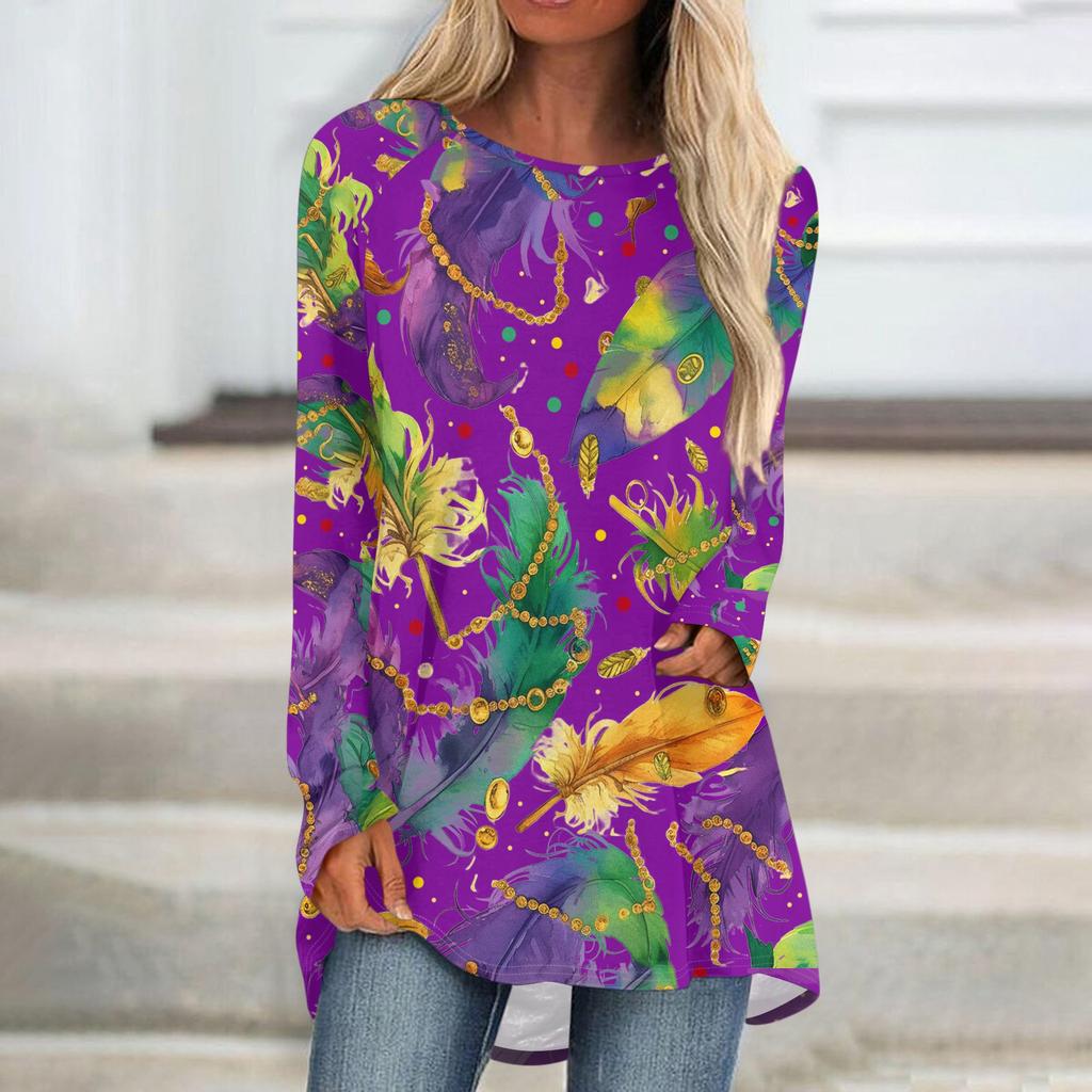 Women's Fashionable Round Neck Raglan Long Sleeved Carnival Printed Casual Pullover Top