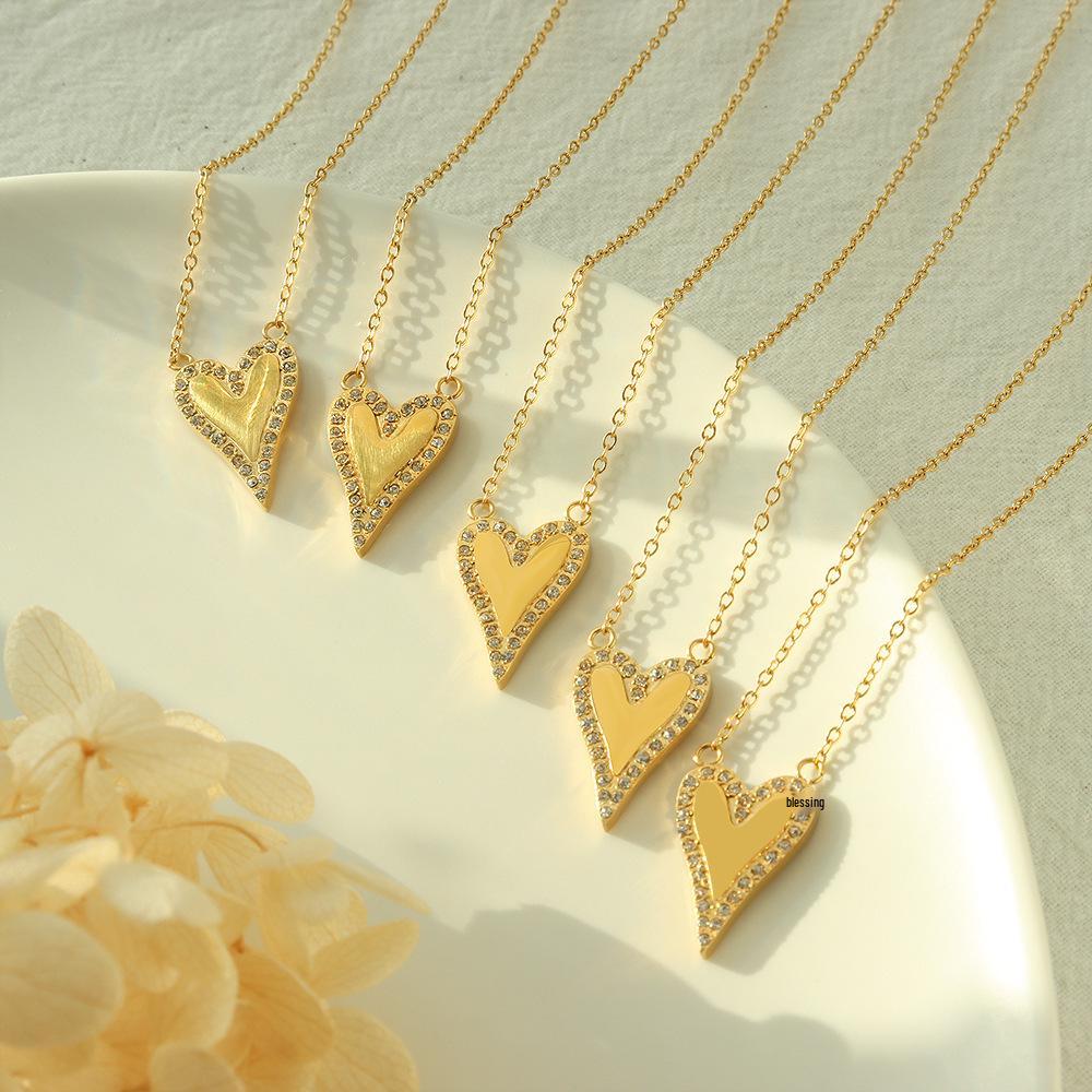 Korean Zircon Peach Heart Pendant Necklace in 18K Gold-Plated Titanium Steel