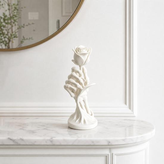 Skeleton Hand Holding Rose Ornament, 3D Printed Gothic Dark Aesthetic Niche Decor, Stable Base Compact Figurine for Home Desk Bookshelf