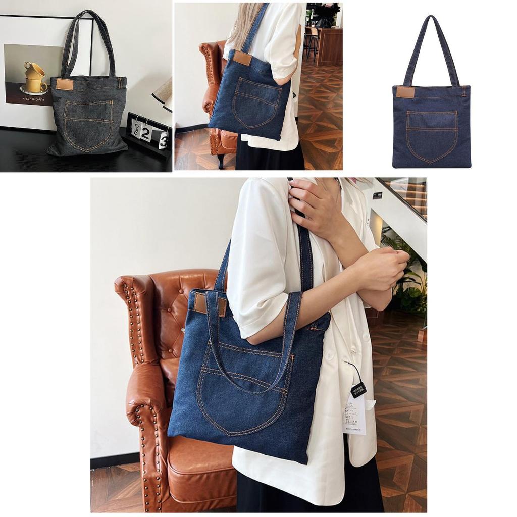 Denim Shoulder Bag Large Capacity Shopping Tote With Zipper For Daily Use