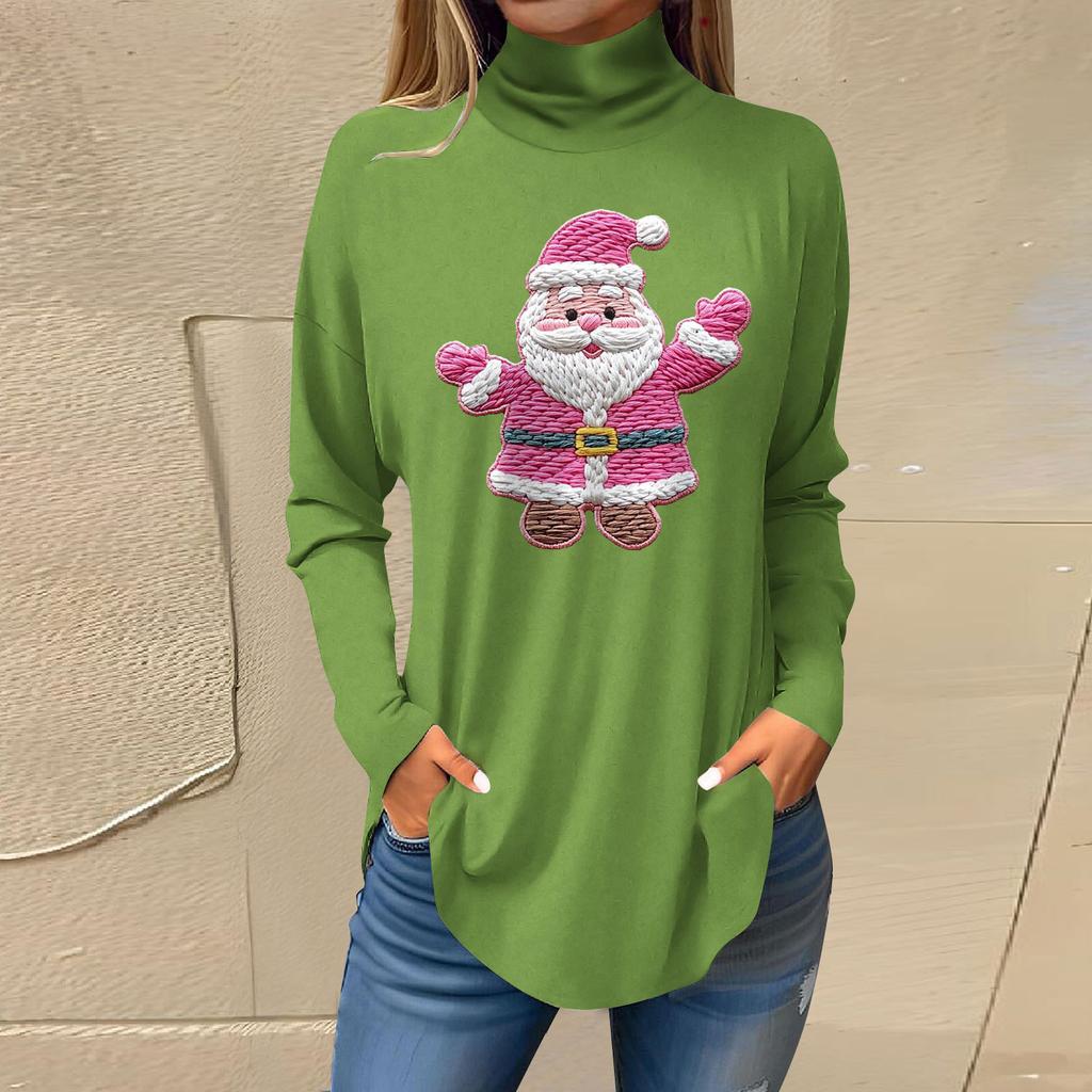 Women's Fashionable Loose-Fit High-Neck T-Shirt With Christmas Print Long-Sleeved Top