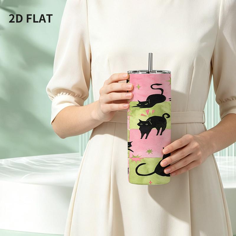 591ml Straight Cup Pink Green Plaid Black Cat Watercolor Element Straw CupStainless Steel Car Tumbler Sliding Leakproof Cup Commuter Car Cup 591ml Straight Cup