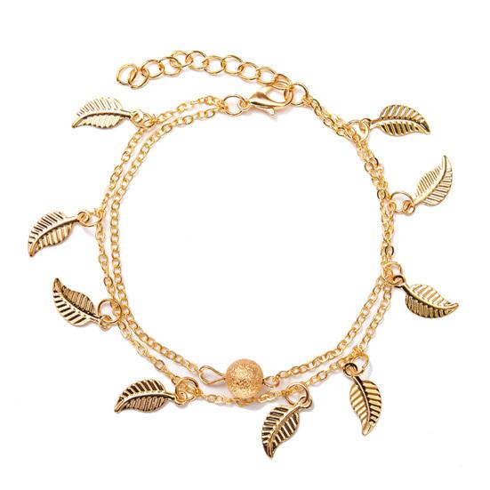 Women Anklet Two Layers Leaves Pendant Jewelry Bead Adjustable Long Lasting Chain Anklet