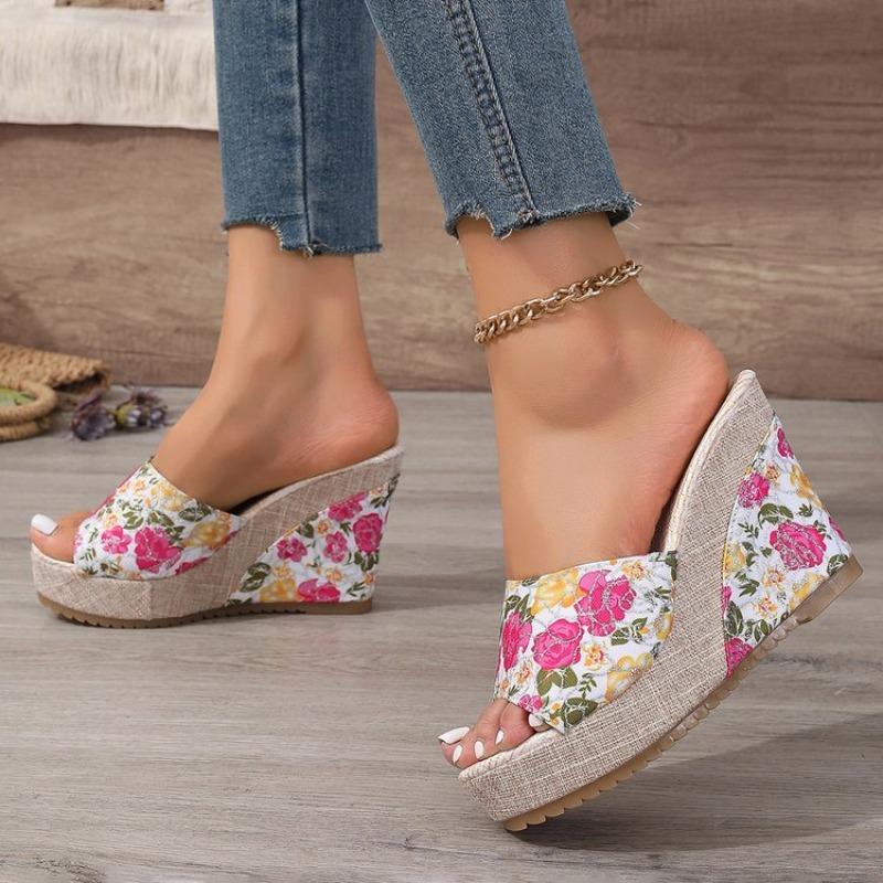 2026 New Women Shoes Fashion Shoes Casual Flip Flops Summer Bohemia Vintage Floral Print Peep Toe Wedge Slippers
