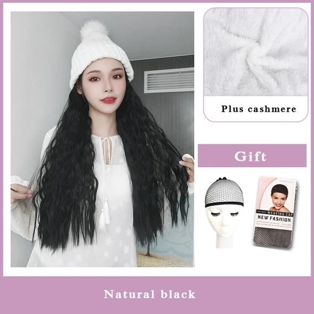 Wig Female Long Hair with Hat Wig One Female Summer Natural Full Head Style Fashion Net Red Trend Long Curly Hair