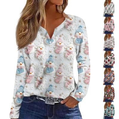 Women's Fashion Casual V-Neck Button-Up Long-Sleeve T-Shirt With Christmas Print Top