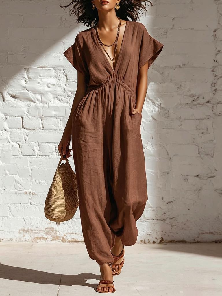 2026 Ropa de verano de mujer europea y americana tendencia de personalidad estilo callejero mono de pierna ancha con cuello en V profundo cintura suelta mujer