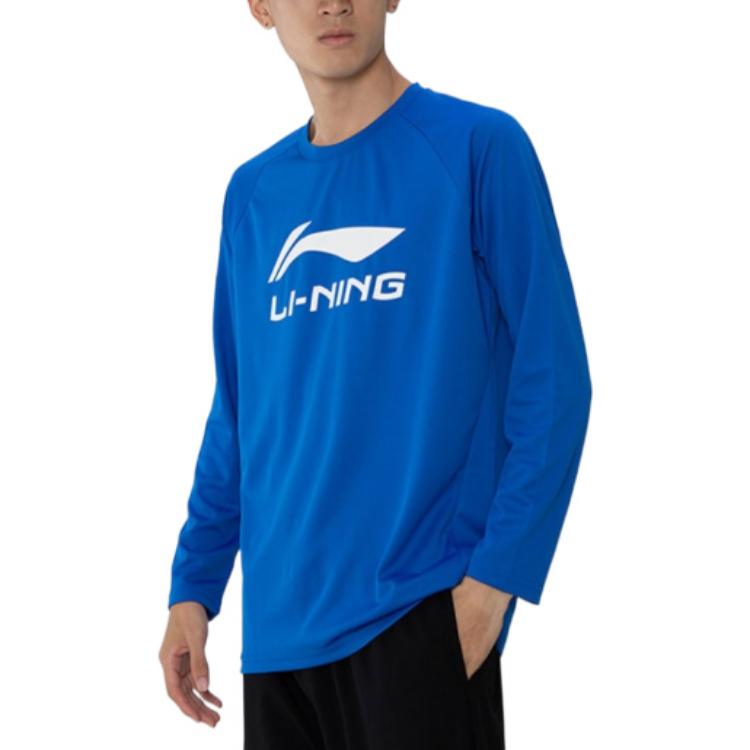 Li Ning Badminton Series Letter Big Logo Printed Sports Round Neck Long Sleeve T-Shirt Men Tops Crystal-Blue ATLR071-4