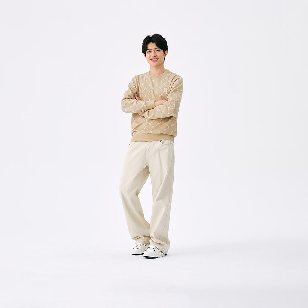 New MLB MONOGRAM Collection Boston Red Sox SS25 Sweatshirt Unisex Light Beige Yellow 3AMTM0151-43BGL