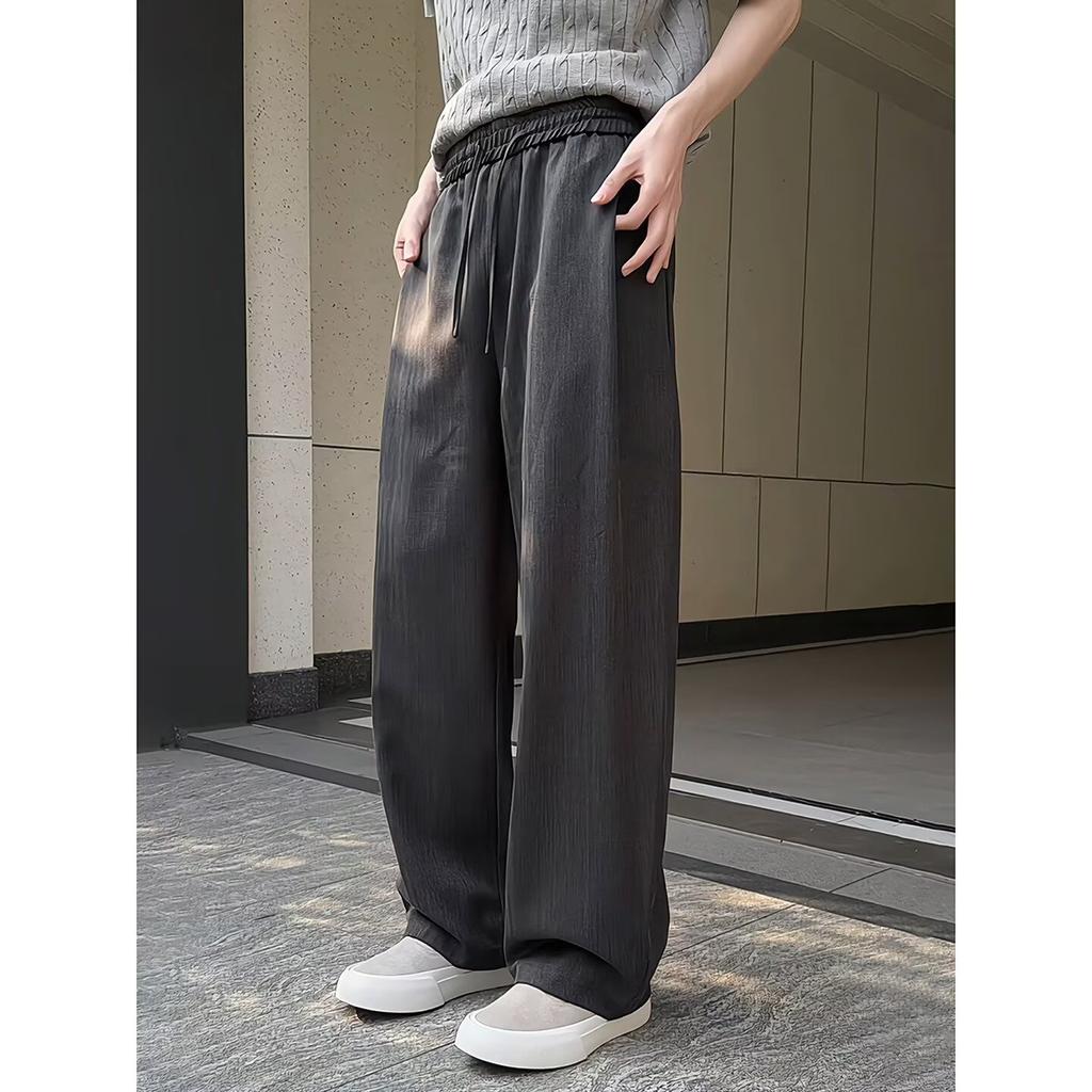 Lazy style drooping casual pants for men in summer, loose and wide legs, comfortable and simple, solid color drawstring pants