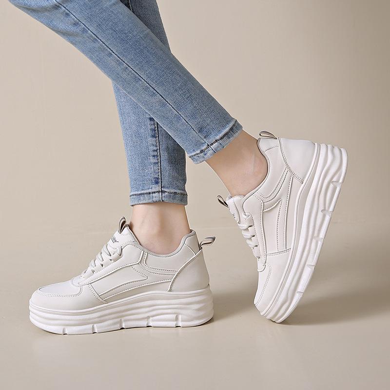 Women's W3612 White Leather Thick-Soled Casual Shoes, 2024 Autumn Collection