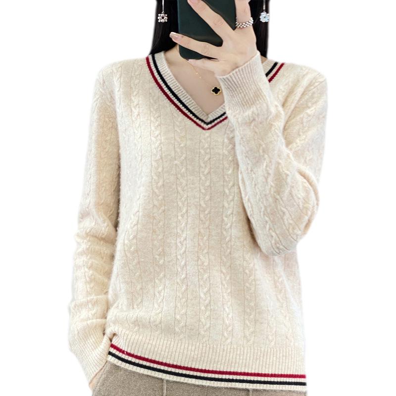 2025 Spring Women's Korean-Style V-Neck Knit Pullover Sweater Plush Base Layer