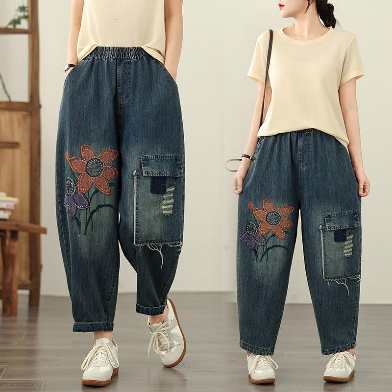 Große Tasche Lockere Haremjeans Damen Vintage Patch High Waist Denim Cropped Pants Damen Casual Streetwear Damenhose 2025
