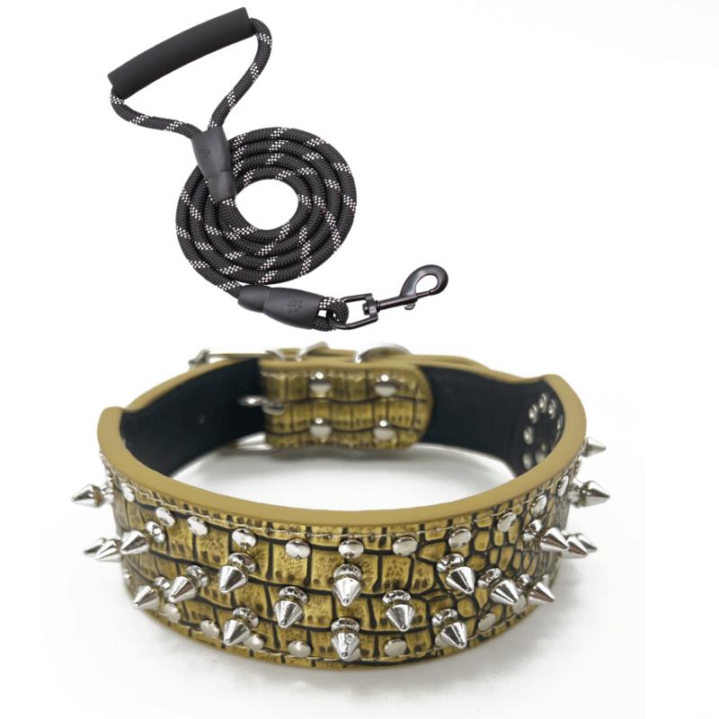Dog Collar Spiked Studded Pet Necklace with Traction Rope For Small Medium Dogs Bulldog Adjustable Anti-Bite Collar
