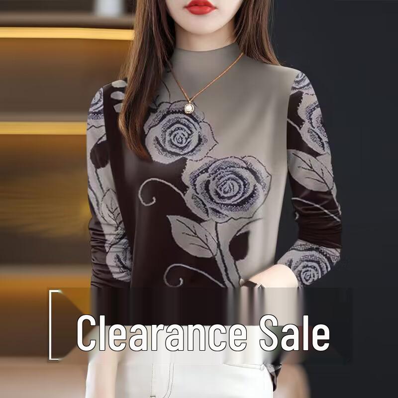 

Mid-Aged Women s Fleece-Lined Semi-High Neck Long Sleeve Print Top L (95-110 kg)