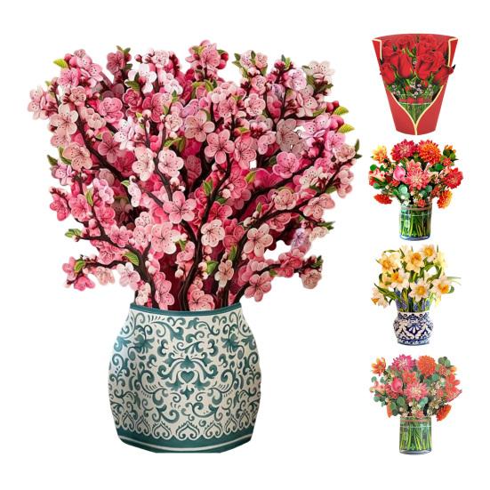 Kartka z wyskakującym kwiatem z papieru, bukiet kwiatów róży/wiśni w naturalnej wielkości, 3D, kartka z życzeniami na Dzień Matki, rocznicę ukończenia szkoły, prezent urodzinowy