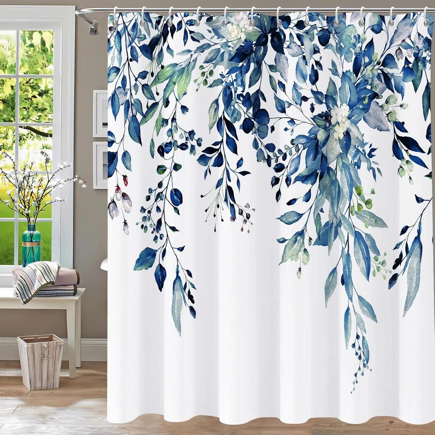 

Bathroom Fabric Shower Curtain Waterproof Green Washable Watercolor Leaf Top Plant Bathroom Shower Curtain With Flowers W60H190(CM)-1 Pcs