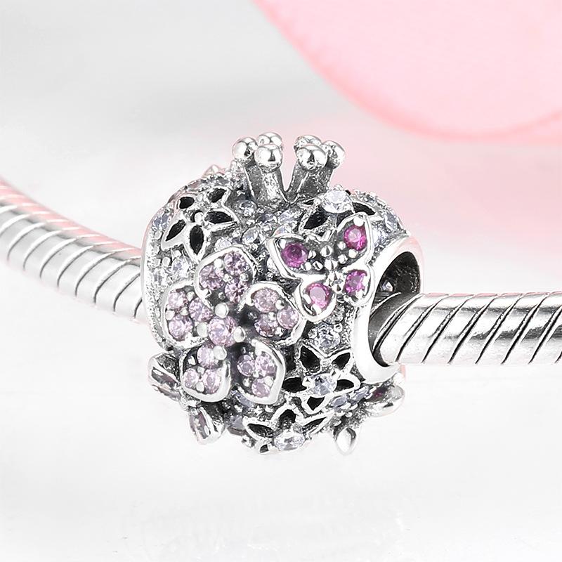 S925 Sterling Silver Diamond Beaded Pink Purple Sparkling Peach Bracelet DIY Accessories Beads