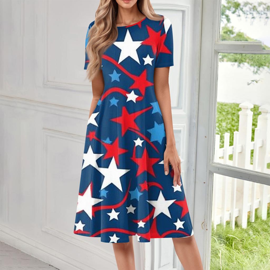 Women's Casual Fashion Round Neck Short Sleeve Print Midi Dress
