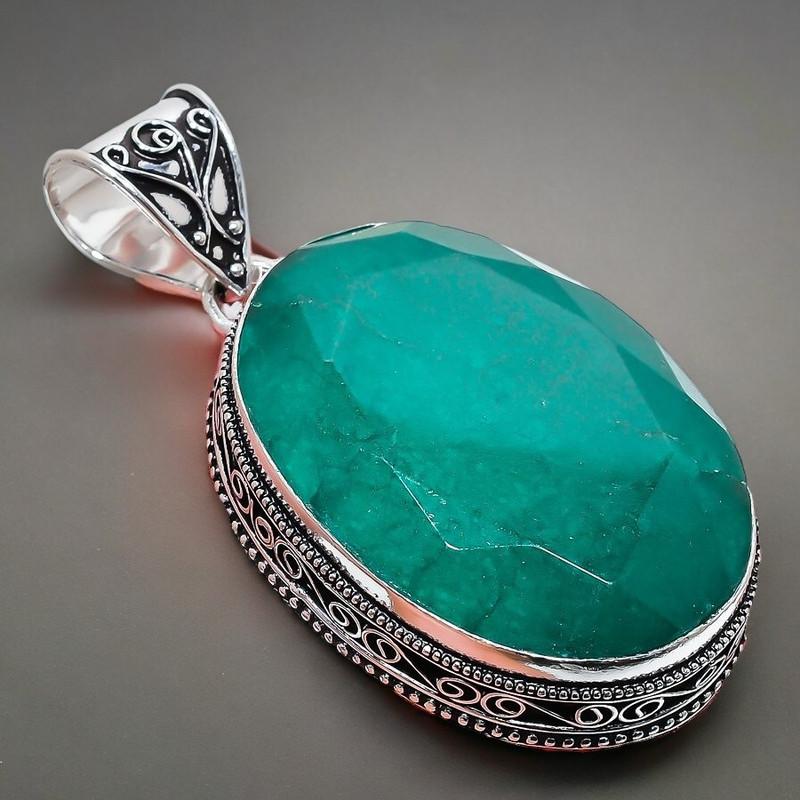Emerald(Simulated) Gemstone Handmade 925 Sterling Silver Jewelry Pendant 2.17" AH-874