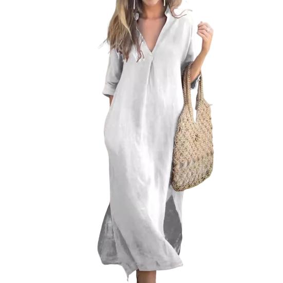 Summer Women Dress Deep V Neck Three Quarter Sleeves Ankle Length Solid Color Thin Loose Side