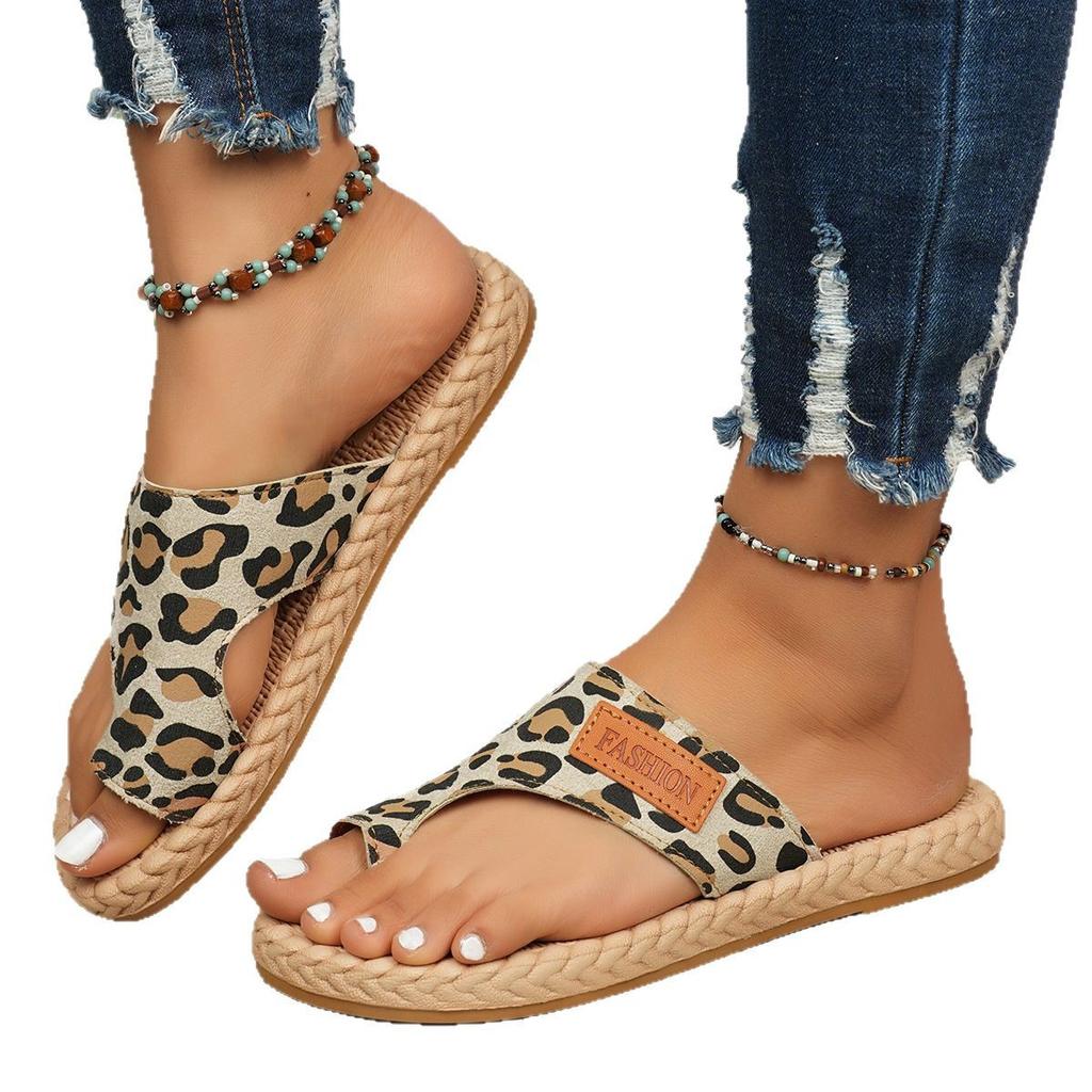 Slippers new outer wear cover toe flat bottom leopard print cool slippers women's large size women's shoes