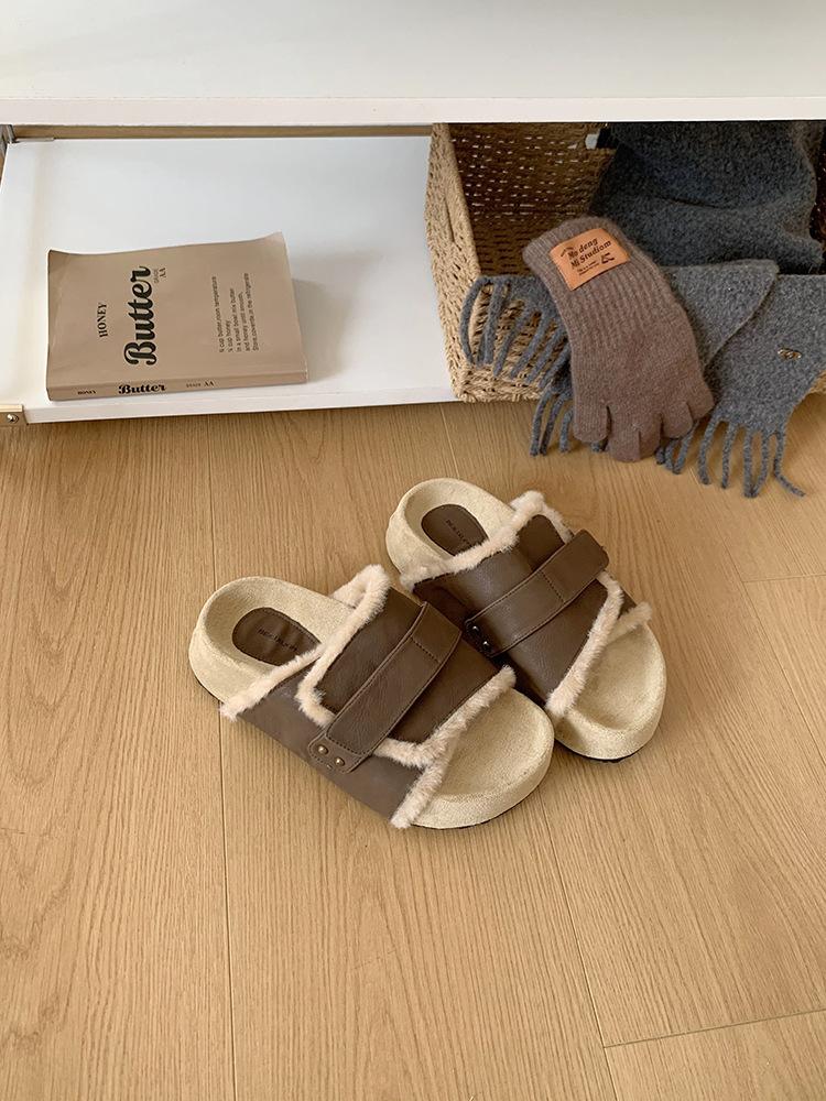 

Soft-soled shoes with fluffy shoes for women s outer wear fashionable thick-soled 2025 autumn muffin bottom heightening suede cotton slippers 40 темно-коричневого