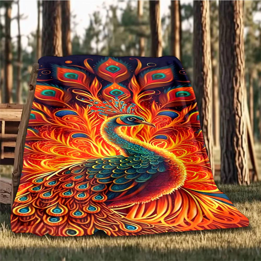 1pc Peacock Feather Print Print Outdoor Blanket, Lightweight Polyester,