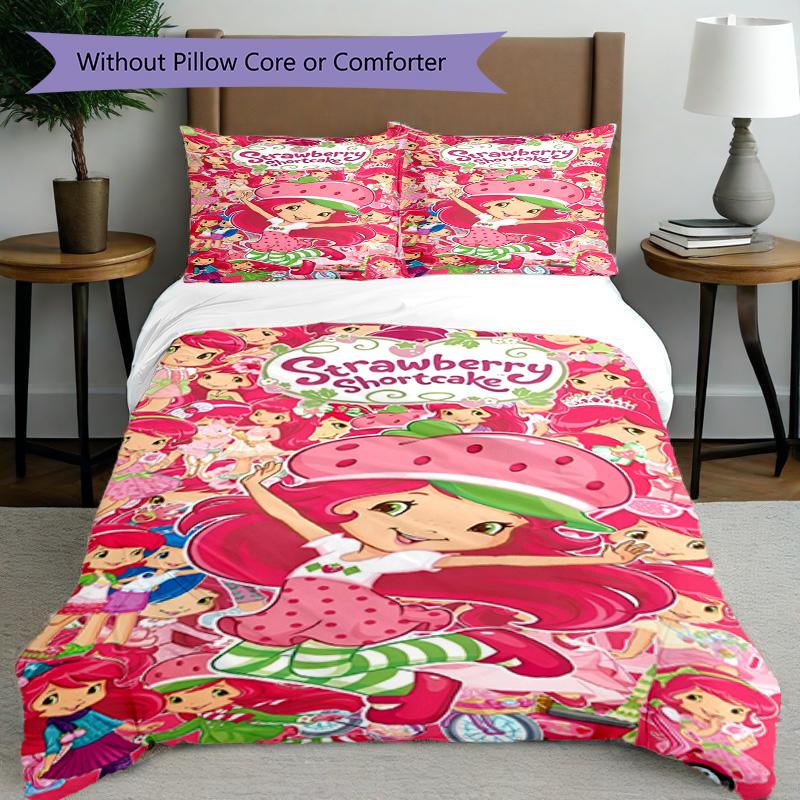 Set cuvertură de pilota 3 buc (1 * Husă de pilota + 2 * Față de pernă, Fără Miez), Set de așternut cu imprimeu Strawberry Shortcake, Decor pentru dormitor, Pentru toate anotimpurile, Cadou de ziua de naștere