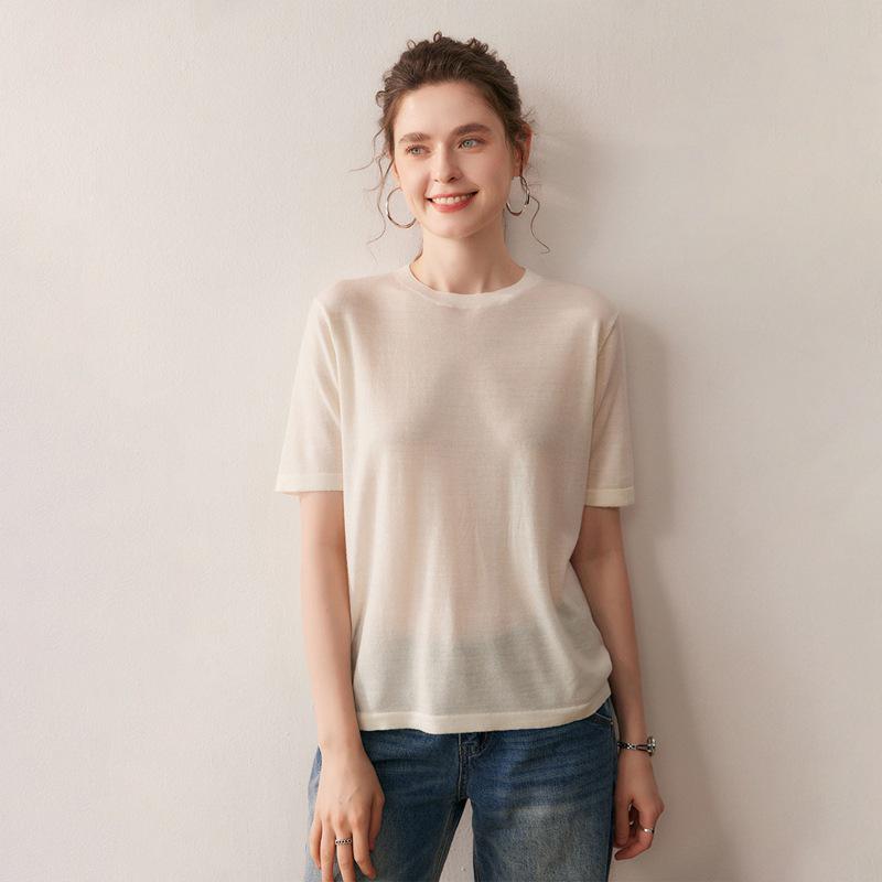 Women's 100% Wool Short Sleeve Round Neck Sweater - Casual, Versatile Solid Color Autumn Pullover