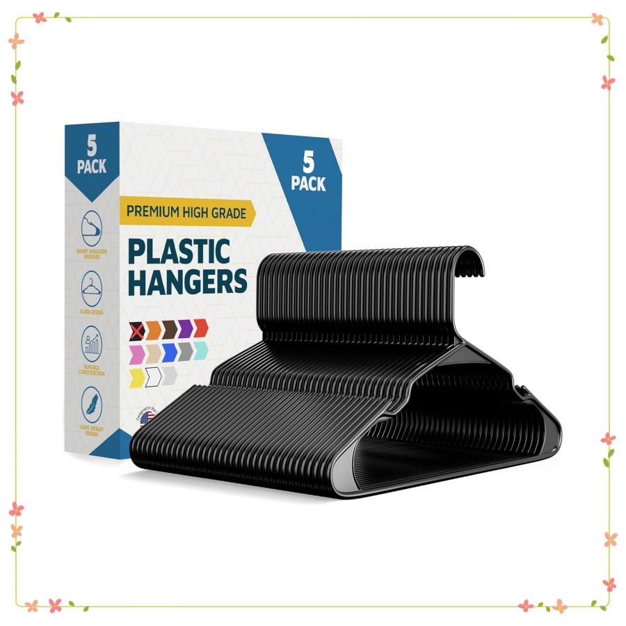 

Heavy Duty Plastic Hangers, 5-Pack Black - Non-Slip Space Saving Clothes Hangers for Dresses & Coats, Holds 5 lbs United States
